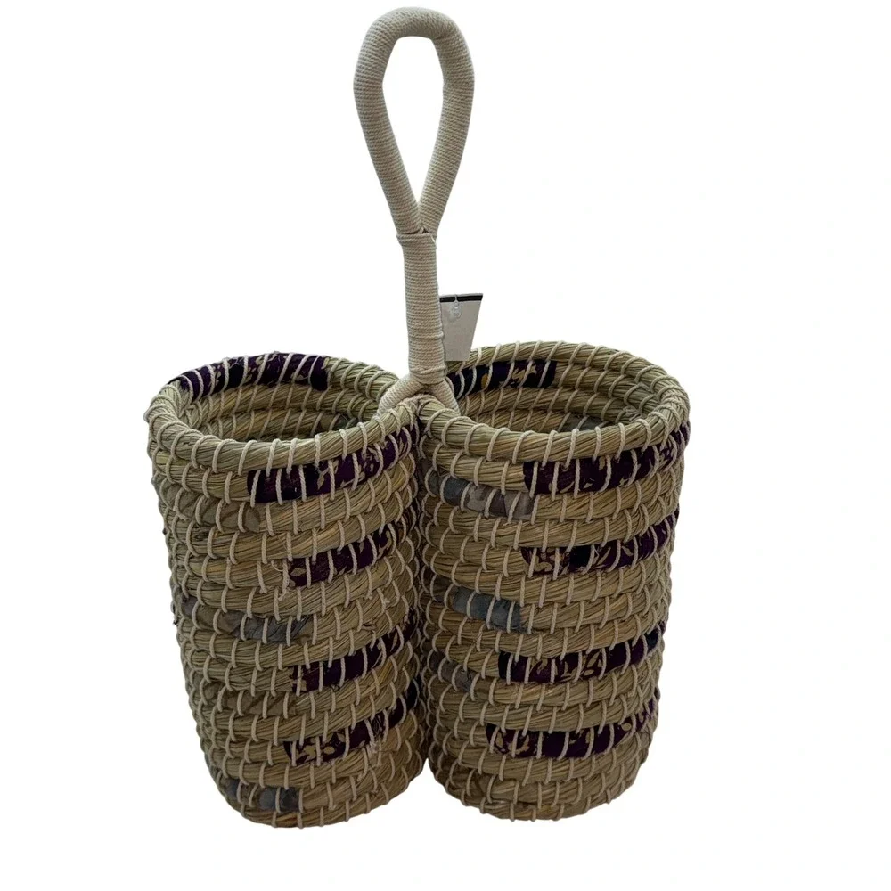 Handmade Seagrass Woven Basket, Double Bottle/Wine Carrier Storage, Boho Organic